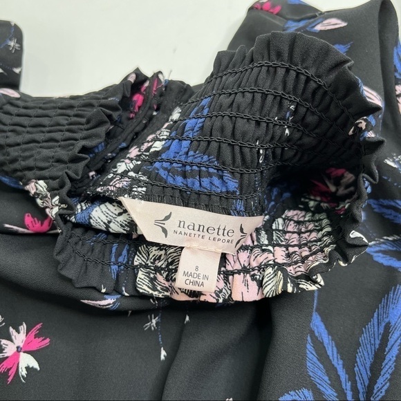 NANETTE LEPORE Black Mystic Blue Floral Smocked Mock Neck Chiffon High-Low Dress - Picture 5 of 16